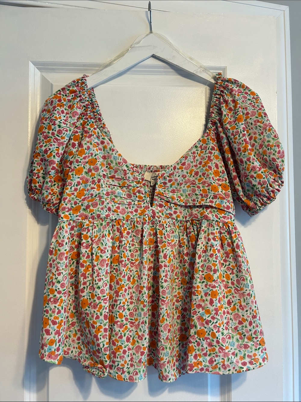 entro Floral Puff-Sleeve Square Neck Blouse - Orange & Pink on Cream